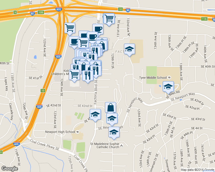 map of restaurants, bars, coffee shops, grocery stores, and more near 4106 Factoria Boulevard Southeast in Bellevue