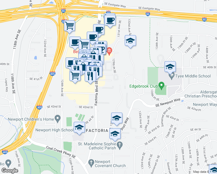 map of restaurants, bars, coffee shops, grocery stores, and more near 4106 128th Avenue Southeast in Bellevue