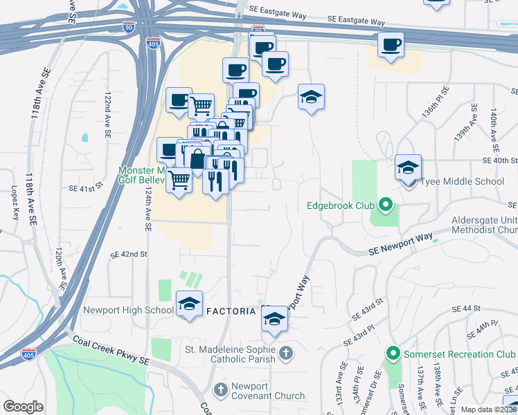 map of restaurants, bars, coffee shops, grocery stores, and more near 4106 Factoria Boulevard Southeast in Bellevue