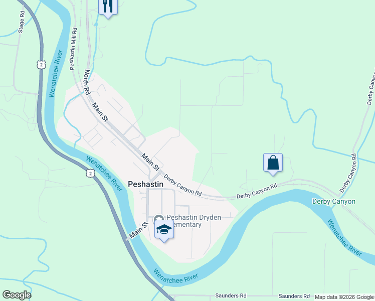 map of restaurants, bars, coffee shops, grocery stores, and more near 8558 Larson Road in Peshastin