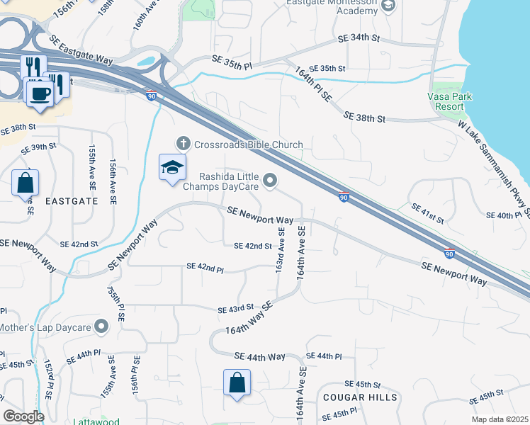 map of restaurants, bars, coffee shops, grocery stores, and more near 4048 162nd Avenue Southeast in Bellevue