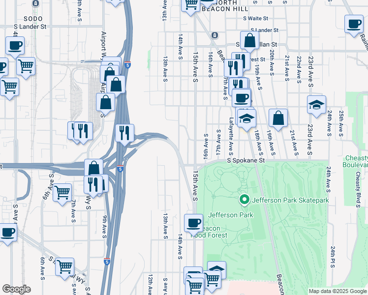 map of restaurants, bars, coffee shops, grocery stores, and more near 3440 14th Avenue South in Seattle