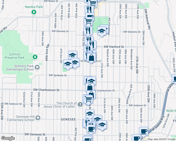 map of restaurants, bars, coffee shops, grocery stores, and more near 3435 California Avenue Southwest in Seattle