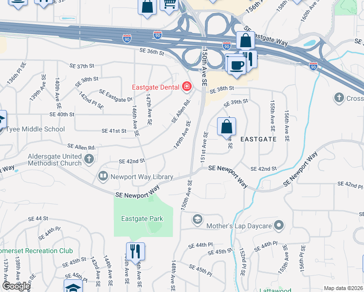 map of restaurants, bars, coffee shops, grocery stores, and more near 4078 149th Avenue Southeast in Bellevue