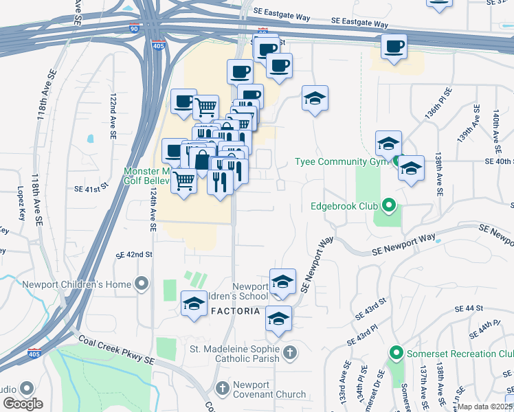 map of restaurants, bars, coffee shops, grocery stores, and more near 4106 128th Avenue Southeast in Bellevue