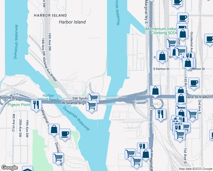 map of restaurants, bars, coffee shops, grocery stores, and more near 910 SW Spokane St in Seattle