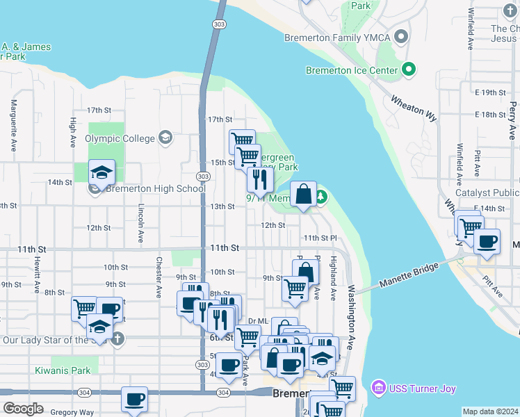 map of restaurants, bars, coffee shops, grocery stores, and more near 1215 McKenzie Avenue in Bremerton