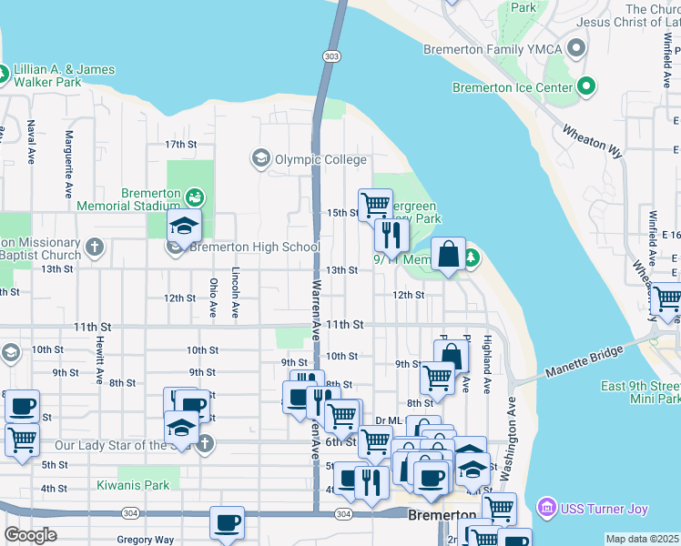map of restaurants, bars, coffee shops, grocery stores, and more near 1218 Warren Avenue in Bremerton