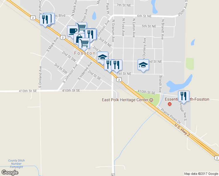 map of restaurants, bars, coffee shops, grocery stores, and more near 208 South Granum Avenue in Fosston