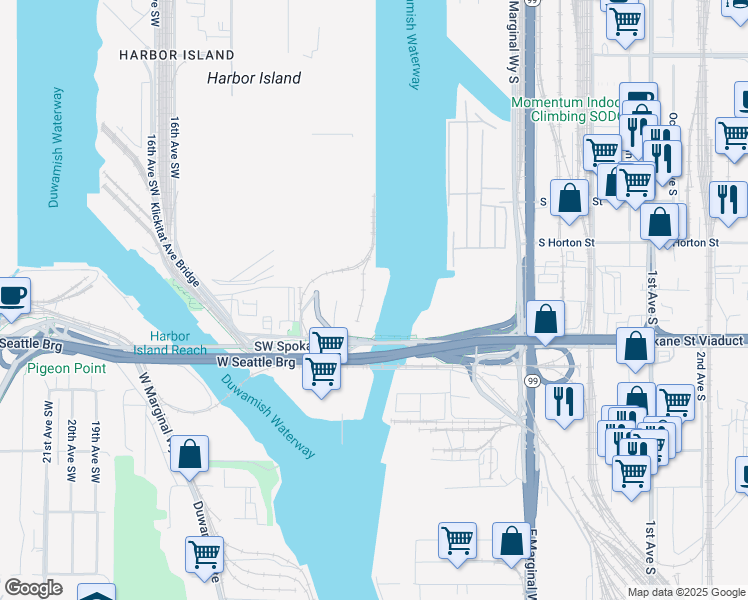 map of restaurants, bars, coffee shops, grocery stores, and more near 910 Southwest Spokane Street in Seattle