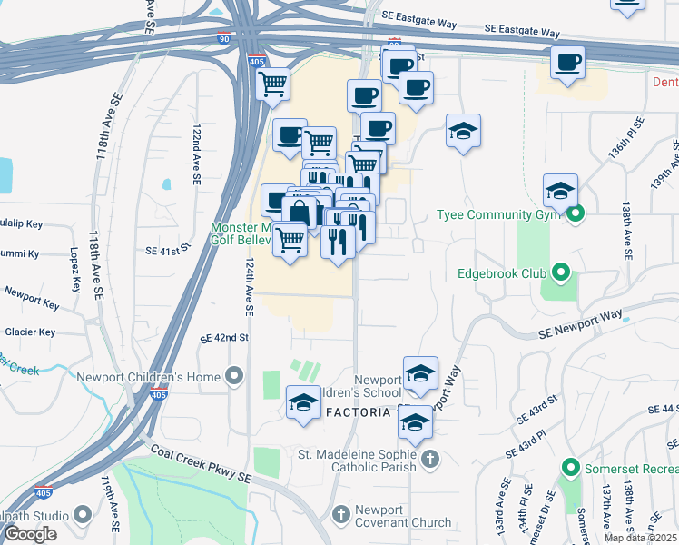 map of restaurants, bars, coffee shops, grocery stores, and more near 4065 Factoria Boulevard Southeast in Bellevue