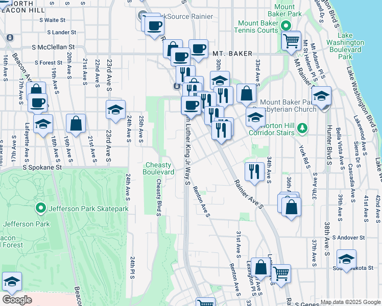 map of restaurants, bars, coffee shops, grocery stores, and more near 3426 Renton Place South in Seattle