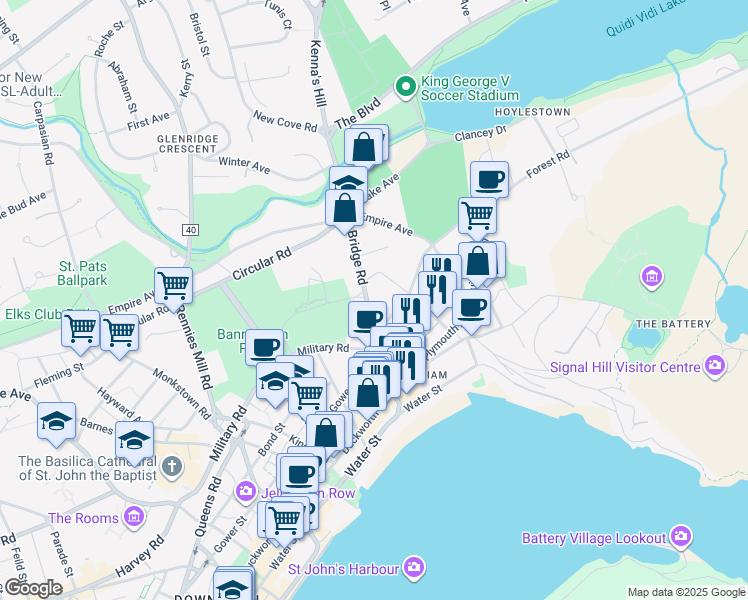 map of restaurants, bars, coffee shops, grocery stores, and more near 20 Kings Bridge Road in St. John's