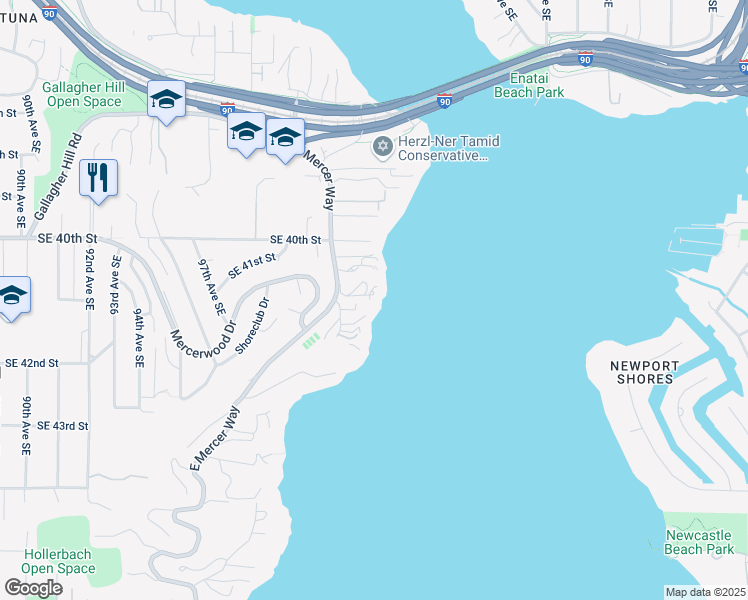 map of restaurants, bars, coffee shops, grocery stores, and more near 4060 East Mercer Way in Mercer Island