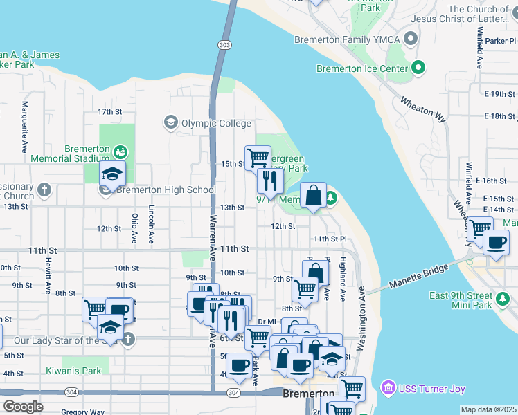 map of restaurants, bars, coffee shops, grocery stores, and more near 1215 McKenzie Avenue in Bremerton