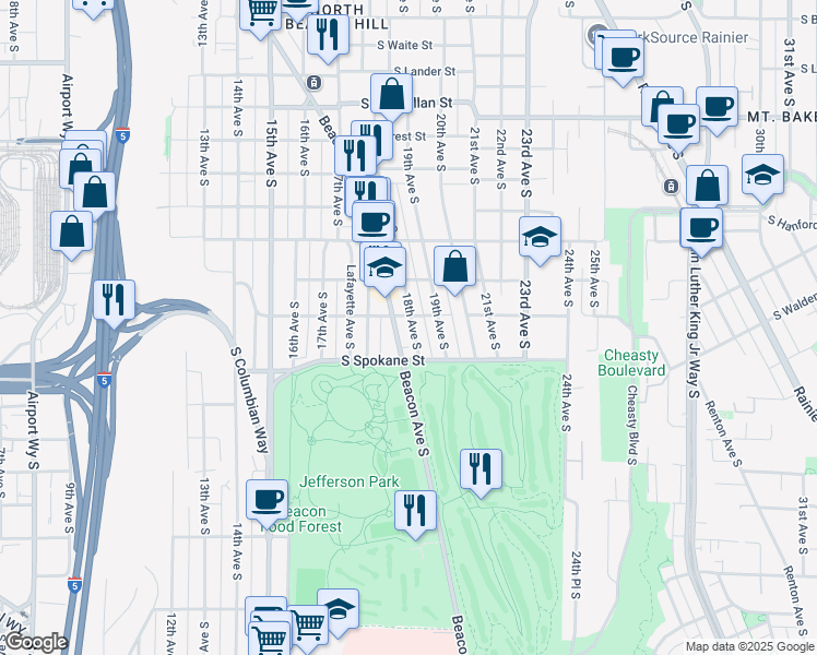 map of restaurants, bars, coffee shops, grocery stores, and more near 3421 Beacon Avenue South in Seattle
