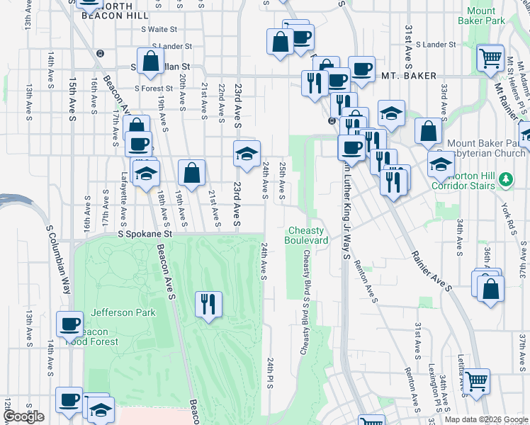 map of restaurants, bars, coffee shops, grocery stores, and more near 3421 25th Avenue South in Seattle