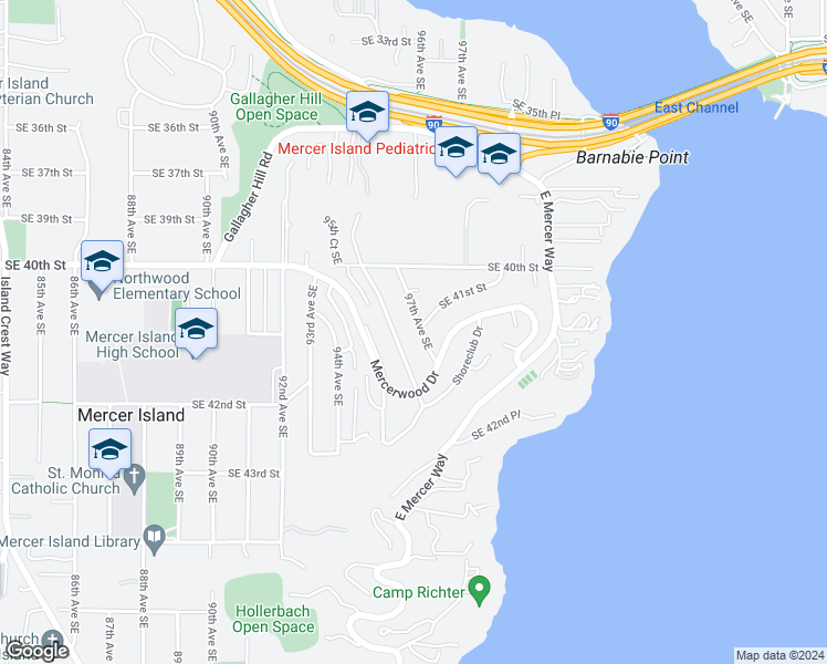 map of restaurants, bars, coffee shops, grocery stores, and more near 4107 97th Avenue Southeast in Mercer Island