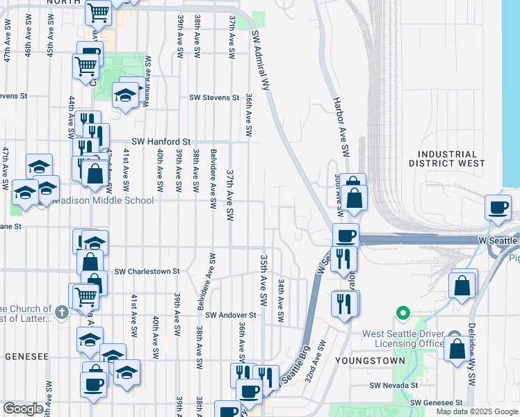map of restaurants, bars, coffee shops, grocery stores, and more near 3412 35th Avenue Southwest in Seattle