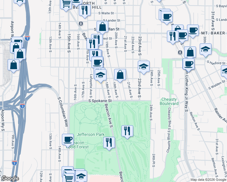 map of restaurants, bars, coffee shops, grocery stores, and more near 3419 19th Avenue South in Seattle