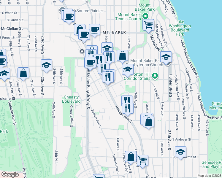 map of restaurants, bars, coffee shops, grocery stores, and more near 3400 Rainier Avenue South in Seattle