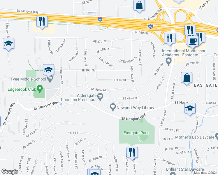 map of restaurants, bars, coffee shops, grocery stores, and more near 14240 Southeast Allen Road in Bellevue
