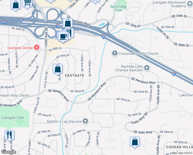 map of restaurants, bars, coffee shops, grocery stores, and more near 4022 156th Avenue Southeast in Bellevue