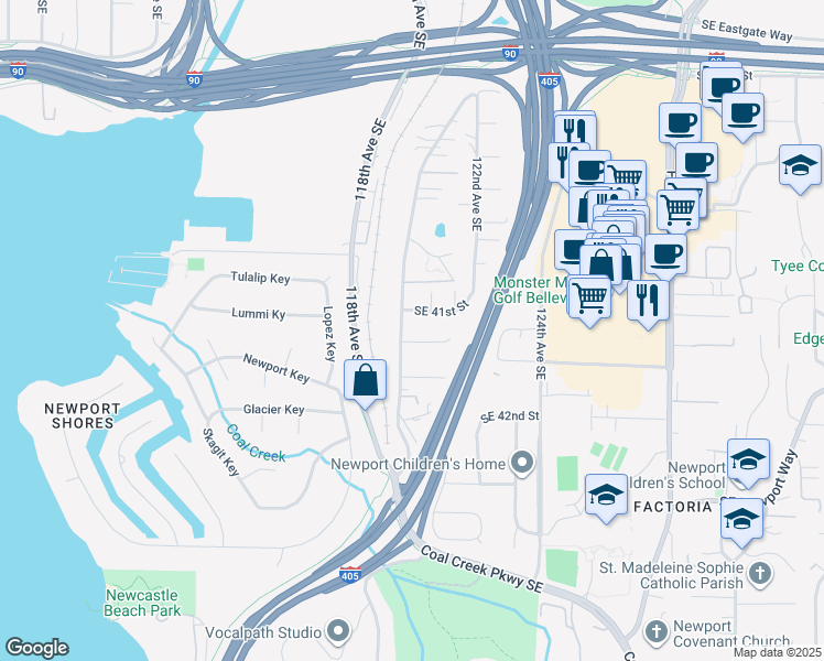 map of restaurants, bars, coffee shops, grocery stores, and more near 4202 120th Avenue Southeast in Bellevue