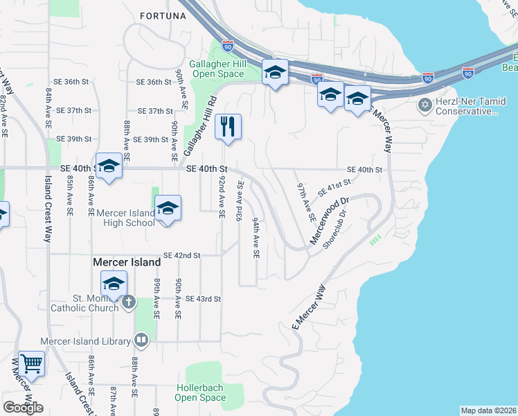map of restaurants, bars, coffee shops, grocery stores, and more near 4120 94th Avenue Southeast in Mercer Island