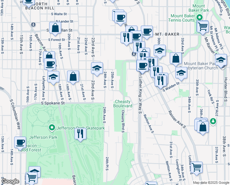 map of restaurants, bars, coffee shops, grocery stores, and more near 3421 25th Avenue South in Seattle