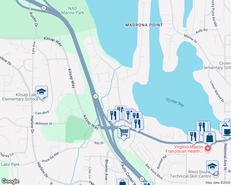 map of restaurants, bars, coffee shops, grocery stores, and more near 1139 Shorewood Drive in Bremerton