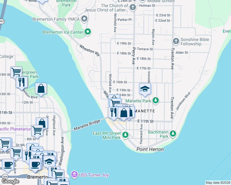 map of restaurants, bars, coffee shops, grocery stores, and more near 2015 East 14th Street in Bremerton