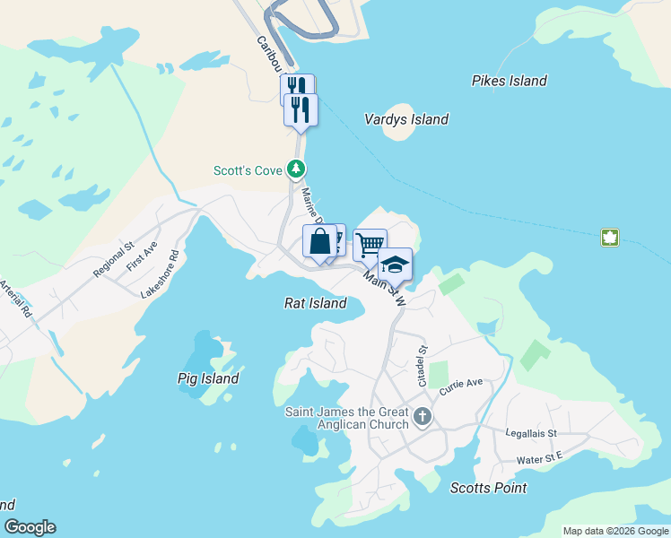 map of restaurants, bars, coffee shops, grocery stores, and more near 82 Main St W in Channel-Port aux Basques