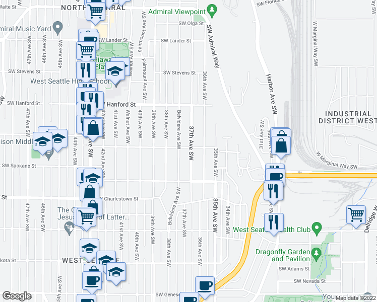 map of restaurants, bars, coffee shops, grocery stores, and more near 3401 37th Avenue Southwest in Seattle