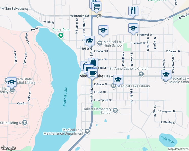 map of restaurants, bars, coffee shops, grocery stores, and more near in Medical Lake
