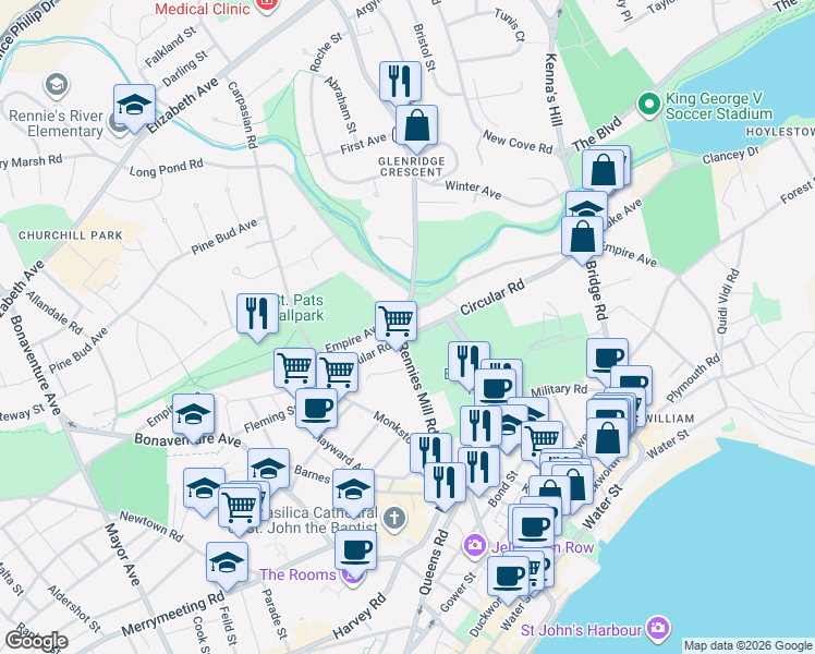 map of restaurants, bars, coffee shops, grocery stores, and more near 54 B Circular Road in St. John's