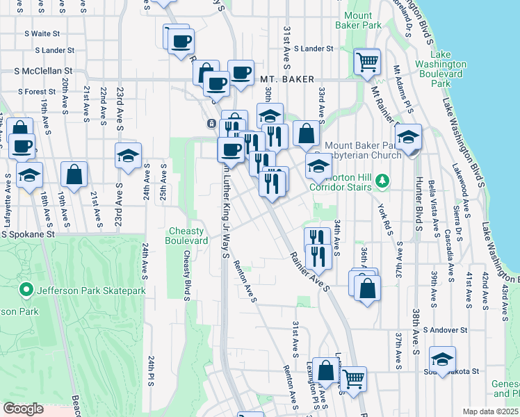 map of restaurants, bars, coffee shops, grocery stores, and more near 3402 Claremont Avenue South in Seattle