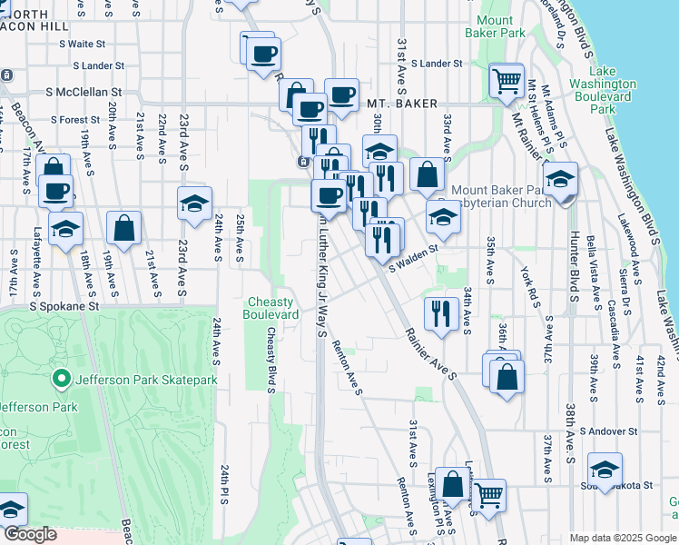 map of restaurants, bars, coffee shops, grocery stores, and more near 3426 Renton Place South in Seattle