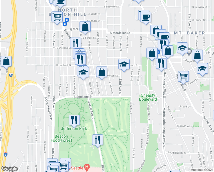 map of restaurants, bars, coffee shops, grocery stores, and more near 3416 20th Avenue South in Seattle