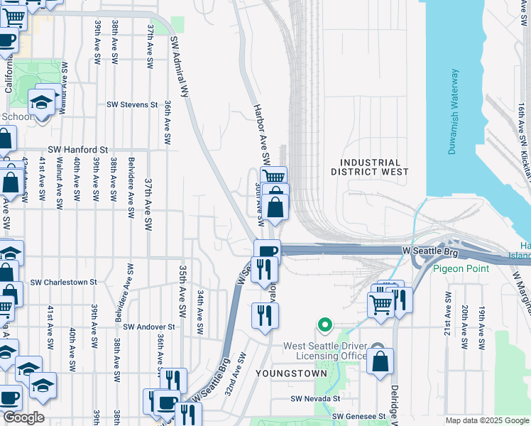 map of restaurants, bars, coffee shops, grocery stores, and more near 3318 30th Avenue Southwest in Seattle