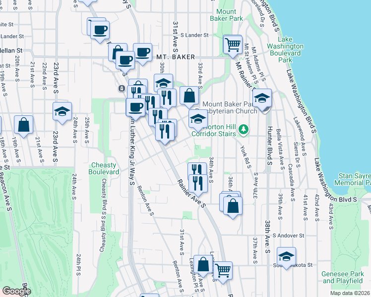 map of restaurants, bars, coffee shops, grocery stores, and more near 3333 Gale Place South in Seattle