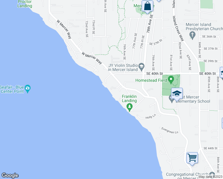 map of restaurants, bars, coffee shops, grocery stores, and more near 4041 West Mercer Way in Mercer Island