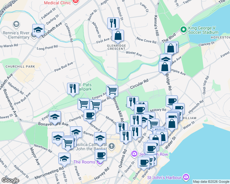 map of restaurants, bars, coffee shops, grocery stores, and more near 54 B Circular Road in St. John's