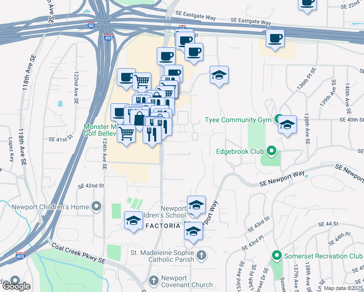 map of restaurants, bars, coffee shops, grocery stores, and more near 4106 128th Avenue Southeast in Bellevue