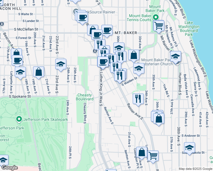 map of restaurants, bars, coffee shops, grocery stores, and more near 3426 Renton Place South in Seattle