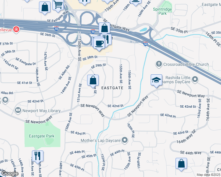 map of restaurants, bars, coffee shops, grocery stores, and more near 3975 154th Avenue Southeast in Bellevue