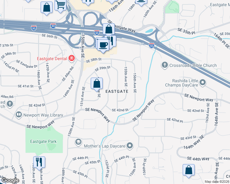 map of restaurants, bars, coffee shops, grocery stores, and more near 3975 154th Avenue Southeast in Bellevue