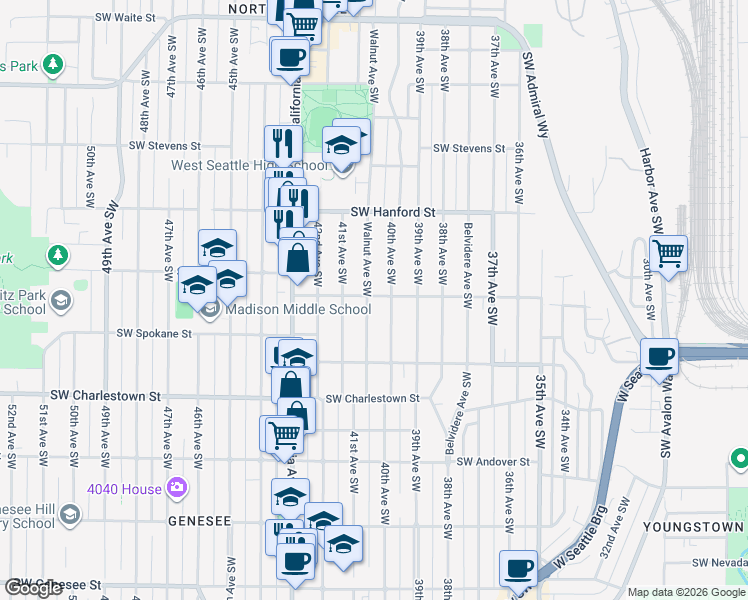 map of restaurants, bars, coffee shops, grocery stores, and more near 3400 Walnut Avenue Southwest in Seattle