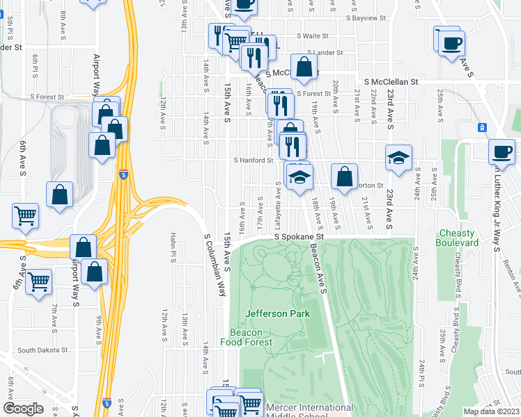 map of restaurants, bars, coffee shops, grocery stores, and more near South Hinds Street in Seattle