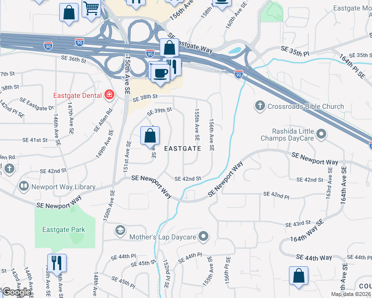 map of restaurants, bars, coffee shops, grocery stores, and more near 3976 154th Avenue Southeast in Bellevue
